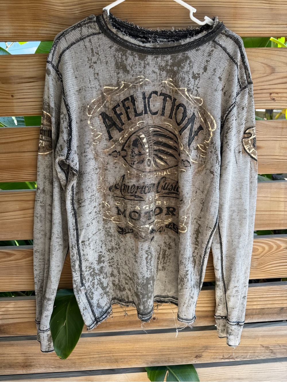 Affliction Men’s Distressed Cream reverseable  Graphic Long-Sleeve Sweater